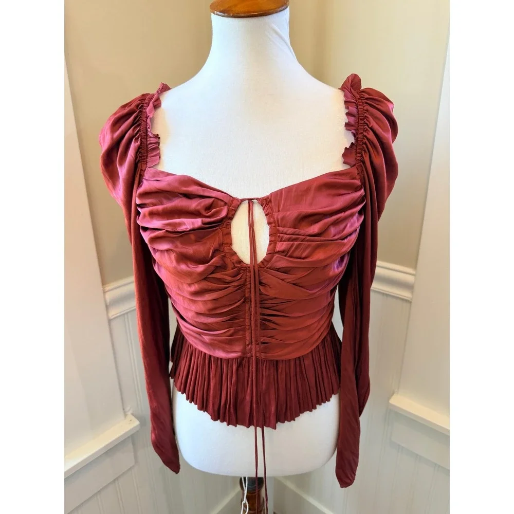 Ulla Johnson Mirelle Blouse Red Ruched Pleated Peplum Long Sleeve Top Size 6